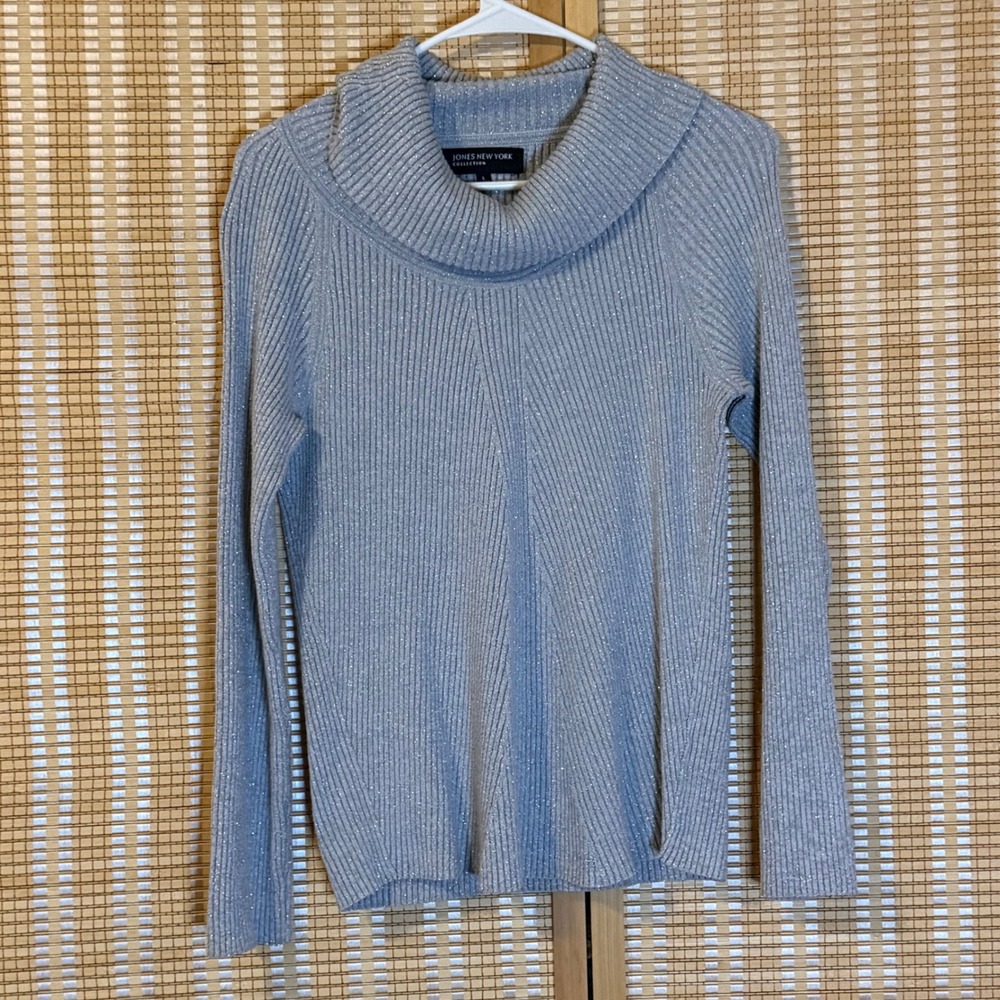Jones New York Silver Metallic Ribbed Cowl Neck Sweater Grey Long Sleeve L